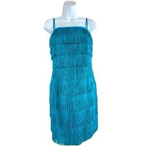 PHOEBE COUTURE Aqua Fringe Midi Dress Via Neiman Marcus Size 12.